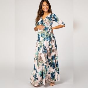 PinkBlush Light Pink Floral Sash Tie Maternity/Nursing Dress